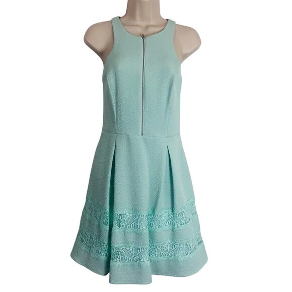 Express Dresses & Skirts - Express Fit & Flare Turquoise Sleeveless Dress Front Zip Pockets Lace Trim